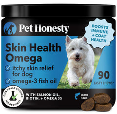 Bouteille Pet Honesty Omega Skin Health: bouchées faciles à donner pour peau plus saine.