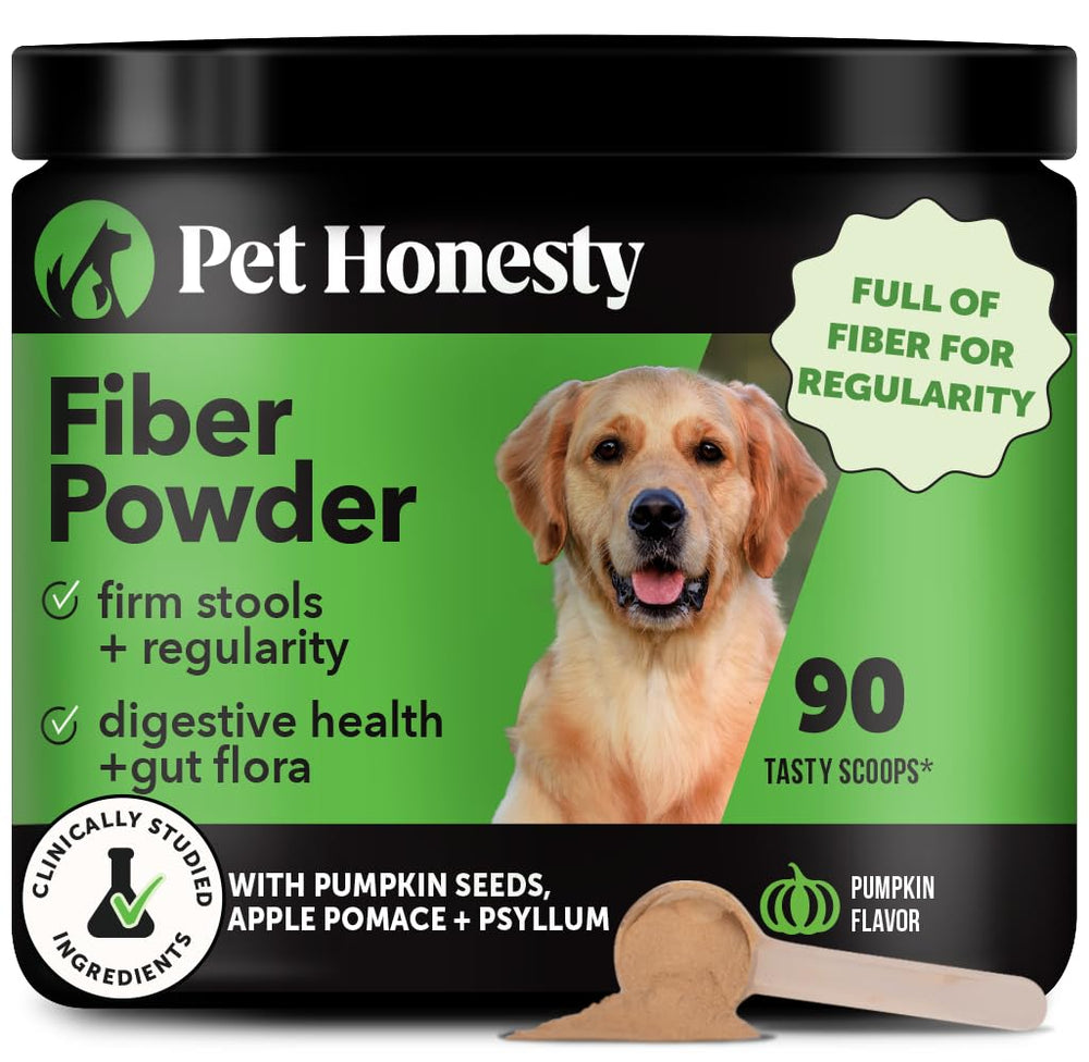 Pet Honesty poudre fibre citrouille bouteille : soutien digestif quotidien.