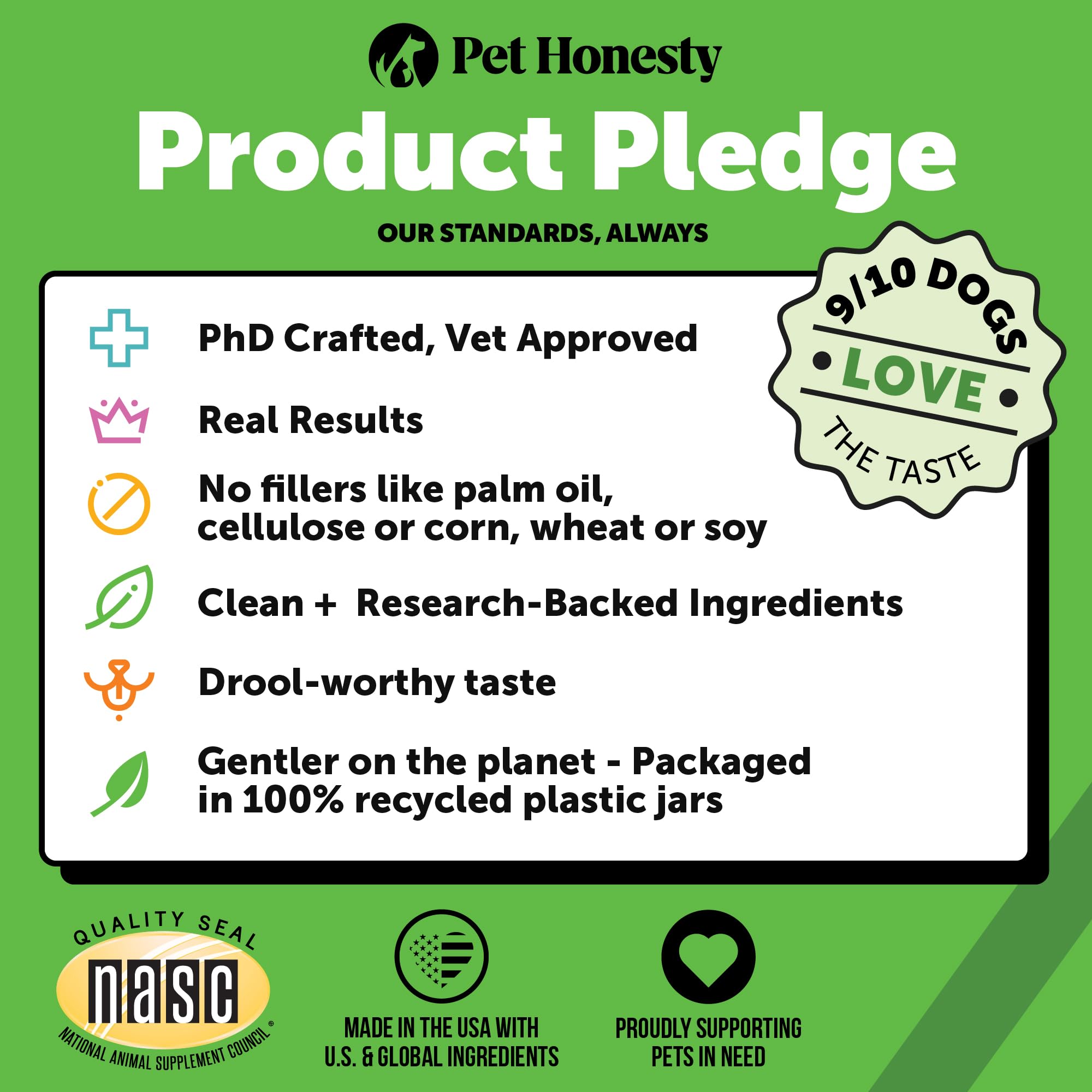 Qualité Pet Honesty – fabriqué aux États‑Unis et emballage recyclé.