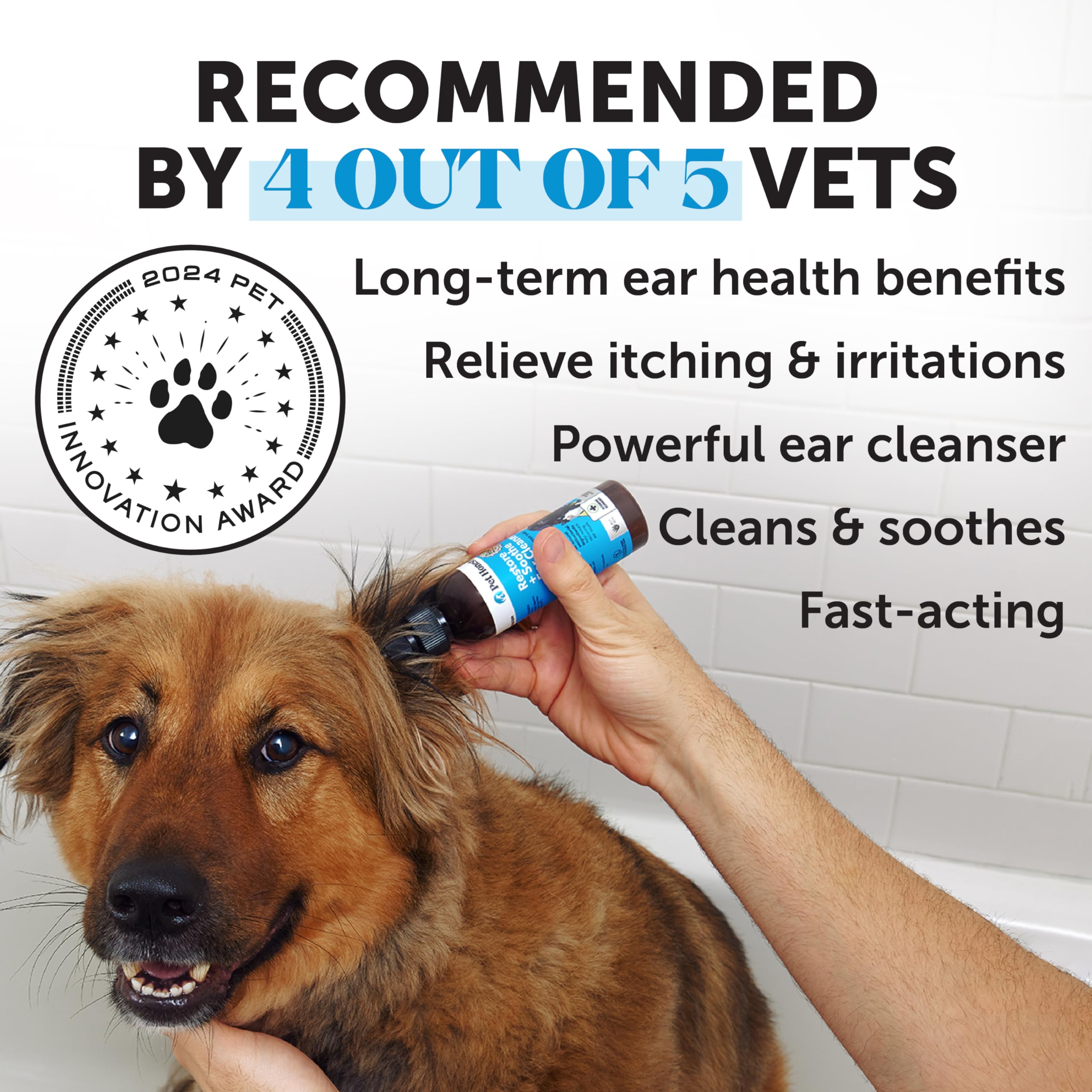 Pet Honesty Restore + Soothe – application facile pour oreilles chiens et chats.