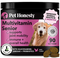 Pet Honesty Senior Dog Multivitamin – bouteille, soutien quotidien pour chien âgé.