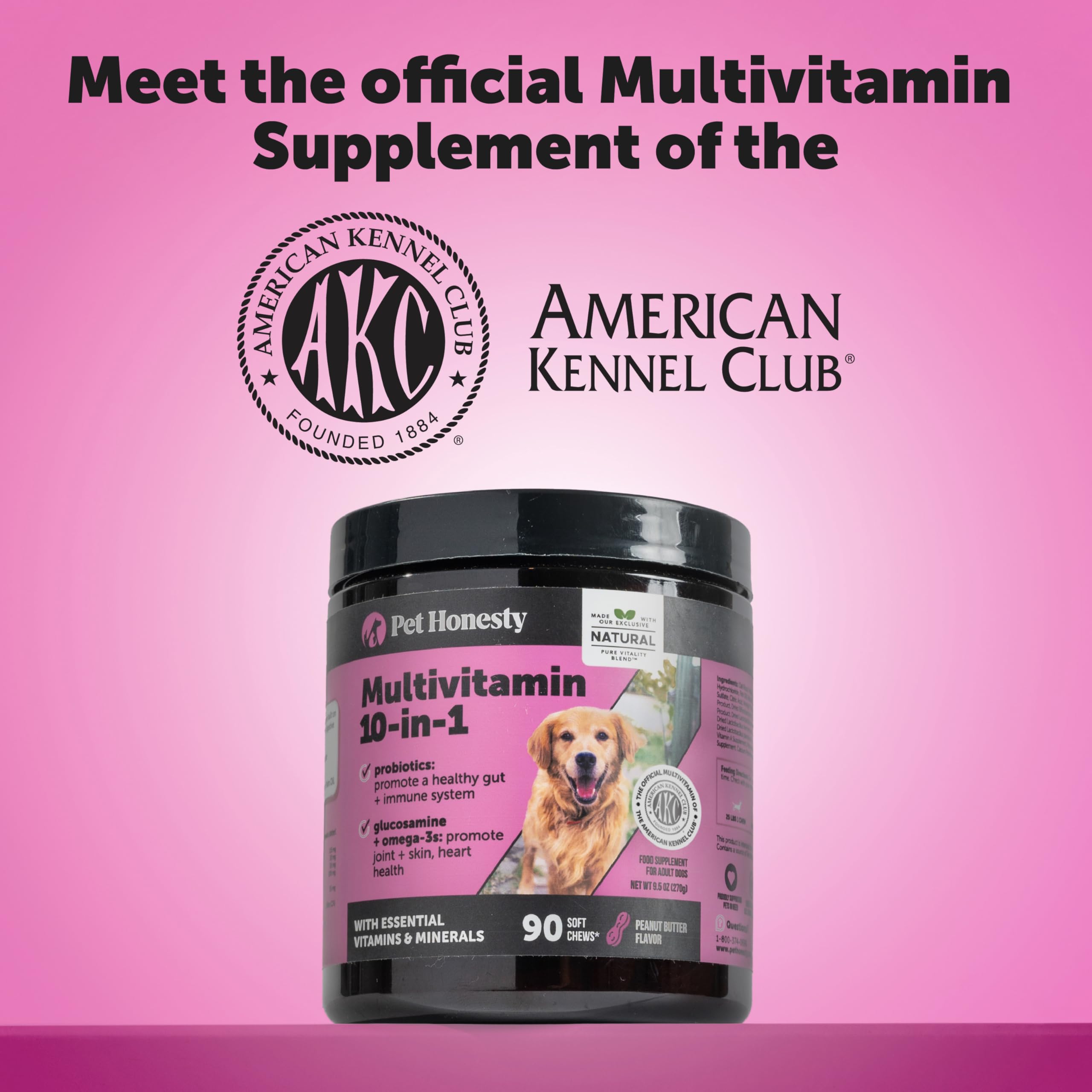 Pet Honesty Senior Dog Multivitamin – cœur et cerveau soutenus par les oméga.