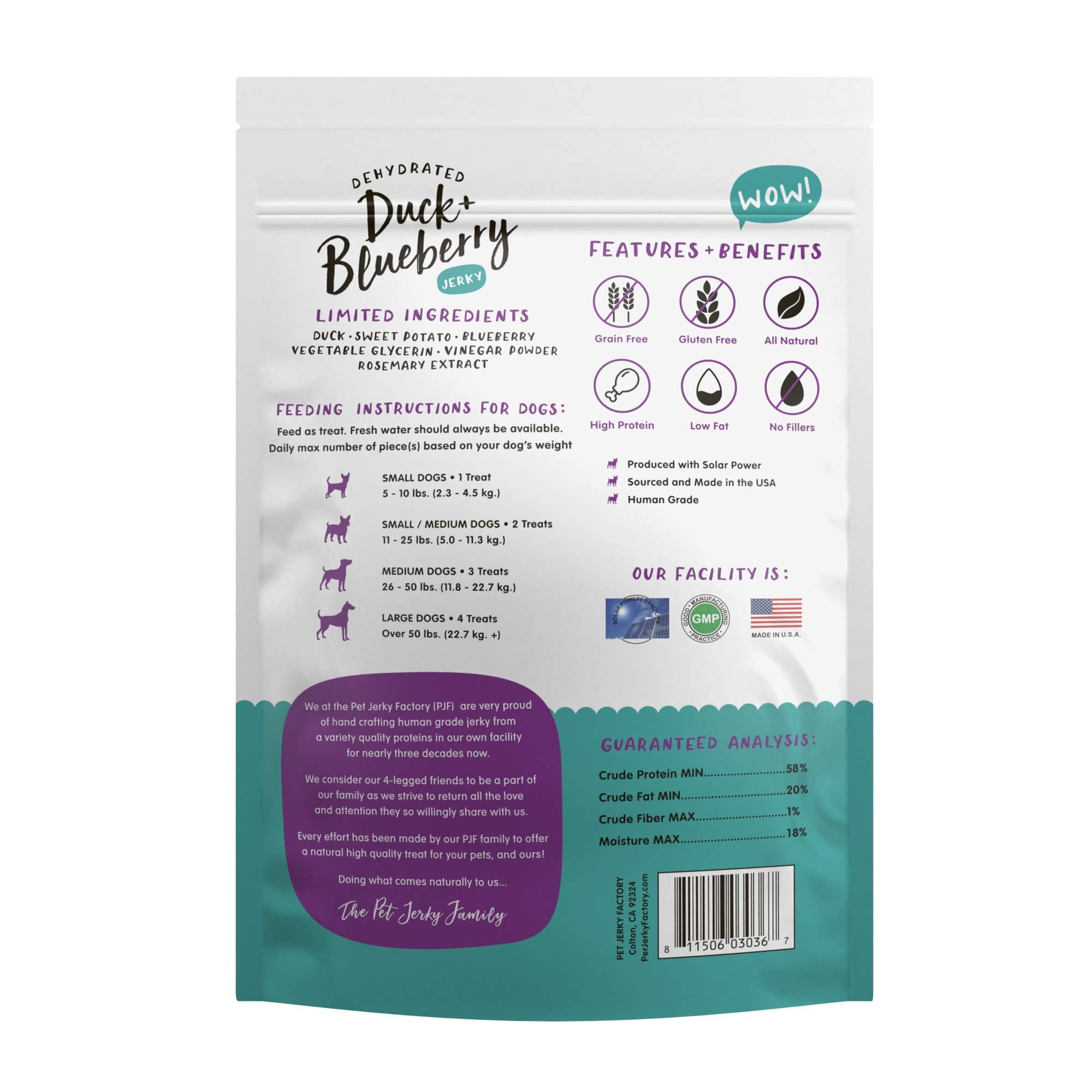 Ingrédients naturels Pet Jerky Factory: canard et myrtille pour snack protéiné