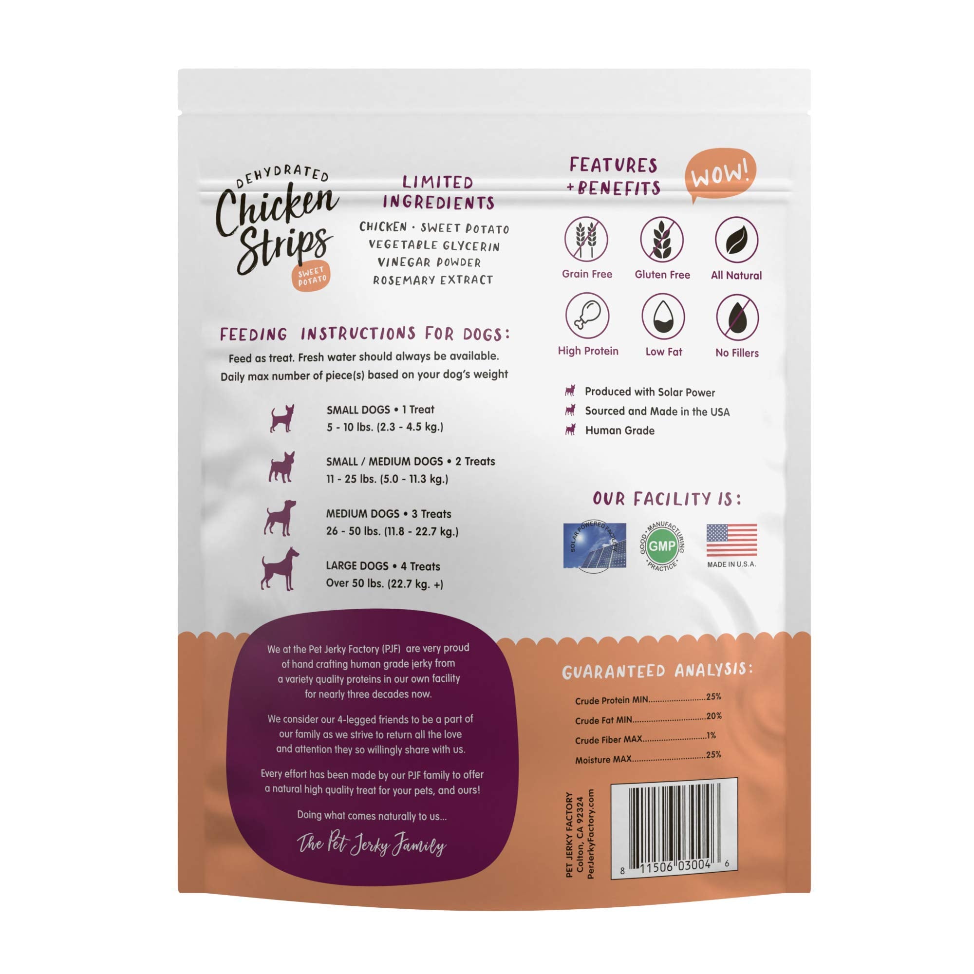 Pet Jerky Factory tranches-poulet-patate-douce, texture tendre pour entraînement.