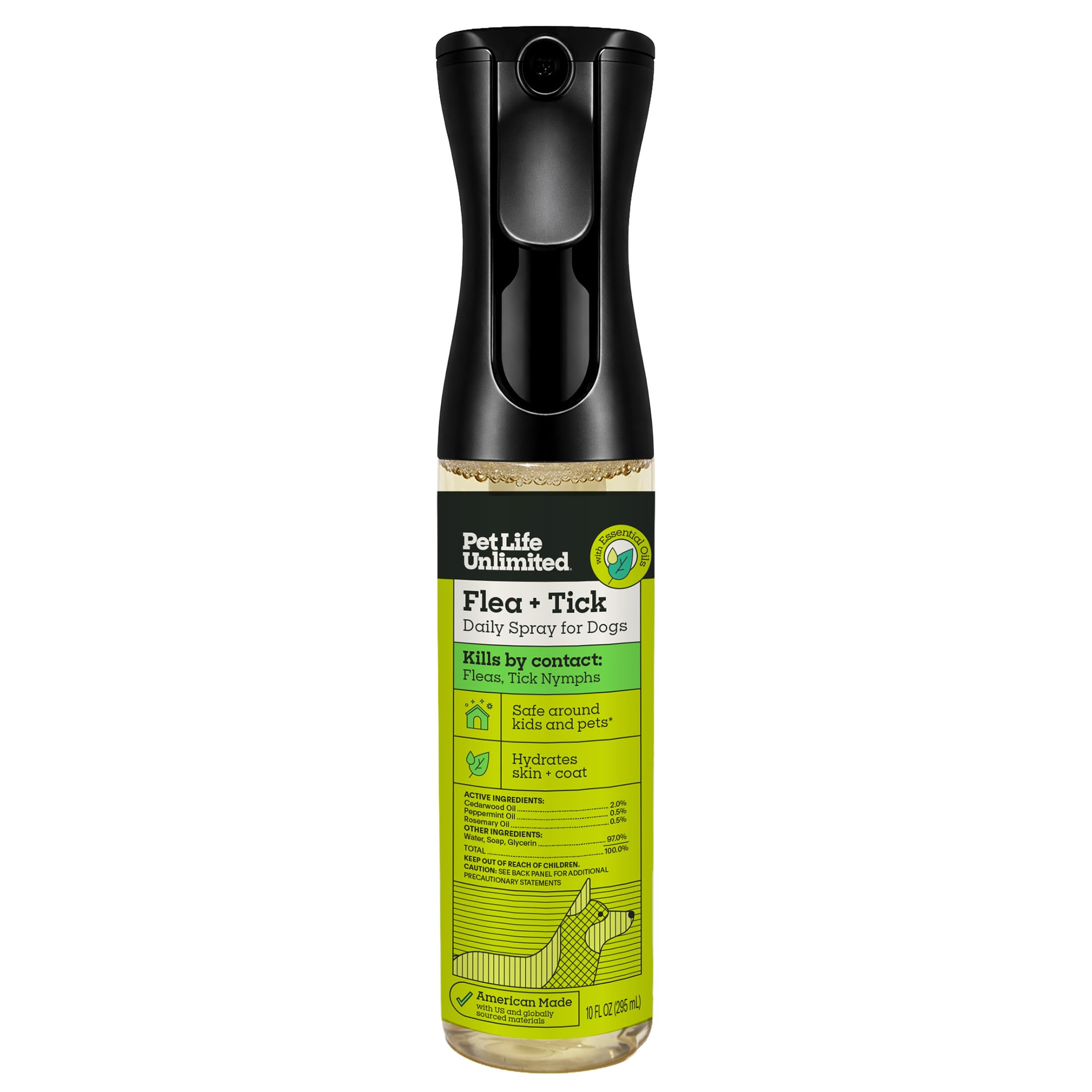 Pet Life Unlimited, bouteille spray puces et tiques pour chien, application pratique.