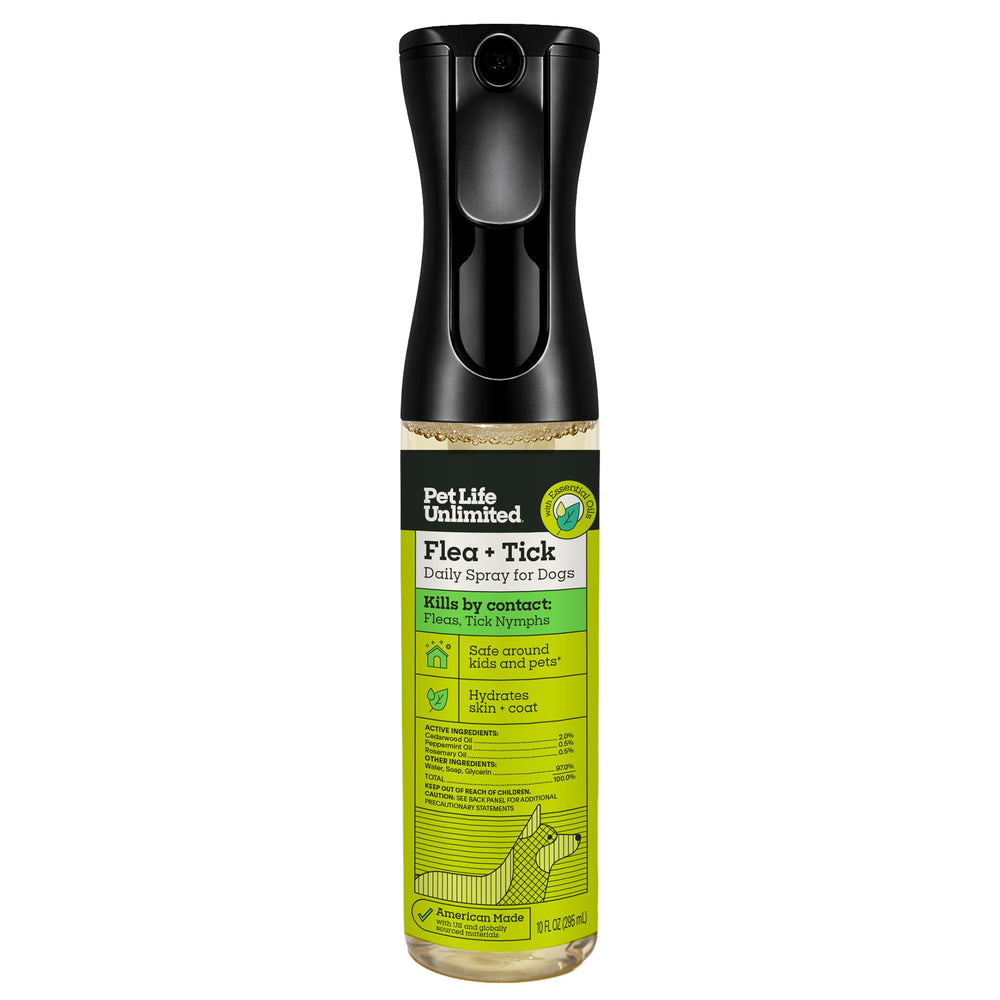 Pet Life Unlimited, bouteille spray puces et tiques pour chien, application pratique.