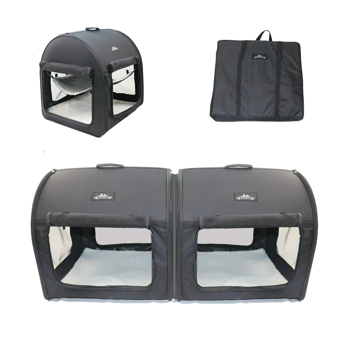 Pet Limousine cage douce 2-en-1 en assemblage pour transport sûr.
