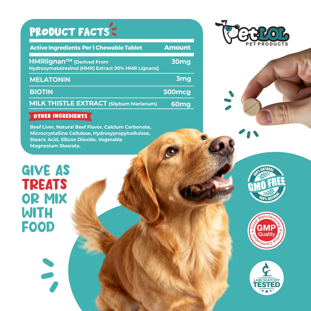 Ingrédients clés PET LOL: lignane, mélatonine et biotine pour le pelage.