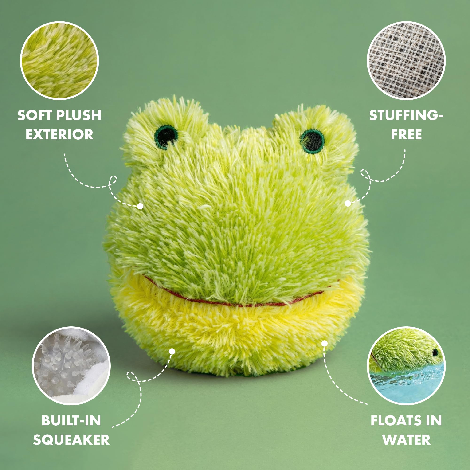 Pet Lou Grenouille sans bourrage, peluche légère et sûre pour mordillement.