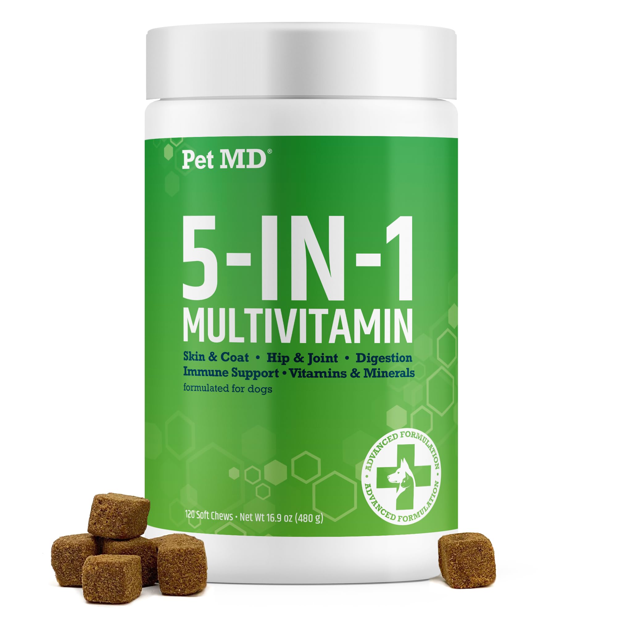 Pet MD 5en1: bouteille de compléments pour chien, soutien global potentiel.