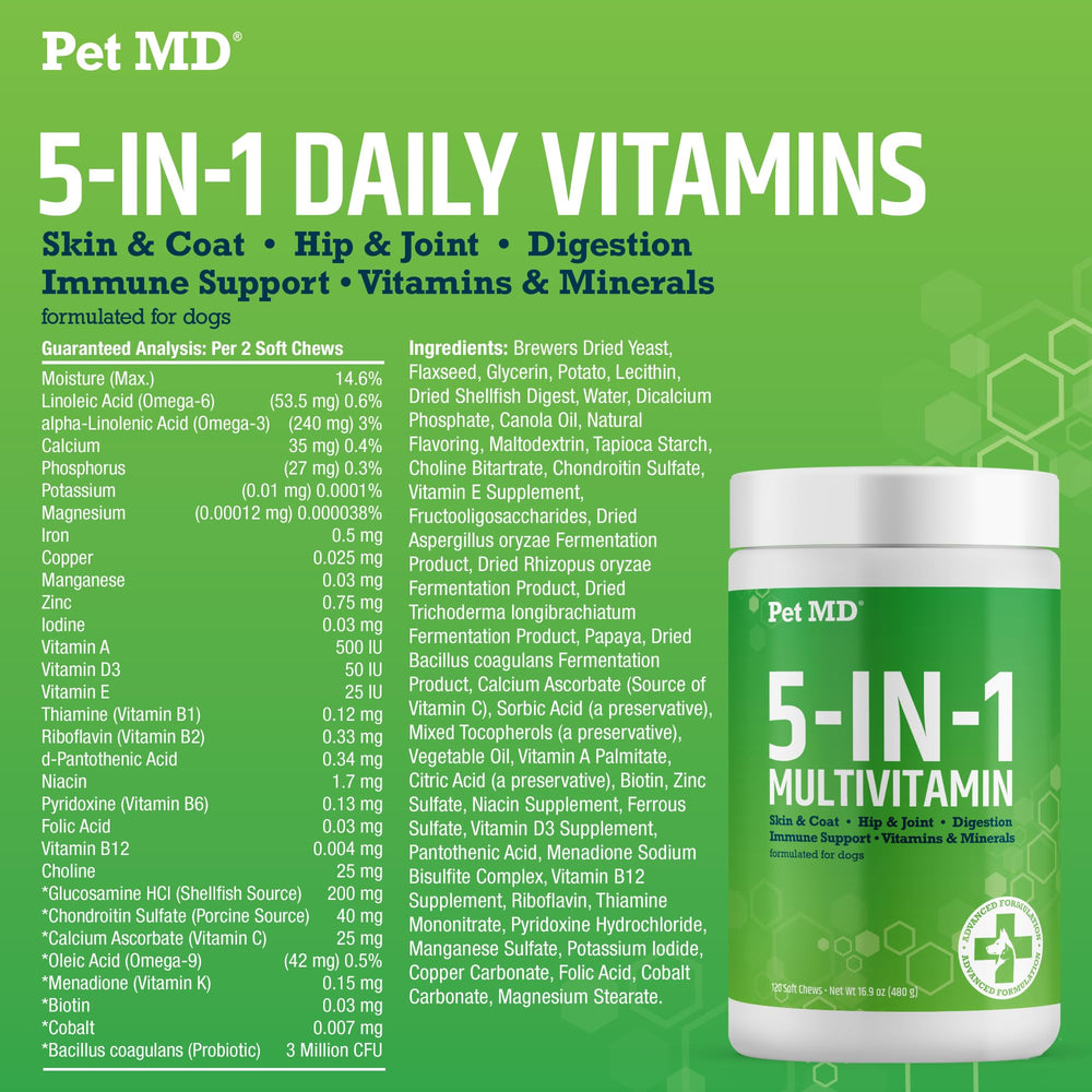 Pet MD 5en1: probiotiques et enzymes digestives, aide potentielle à la digestion.