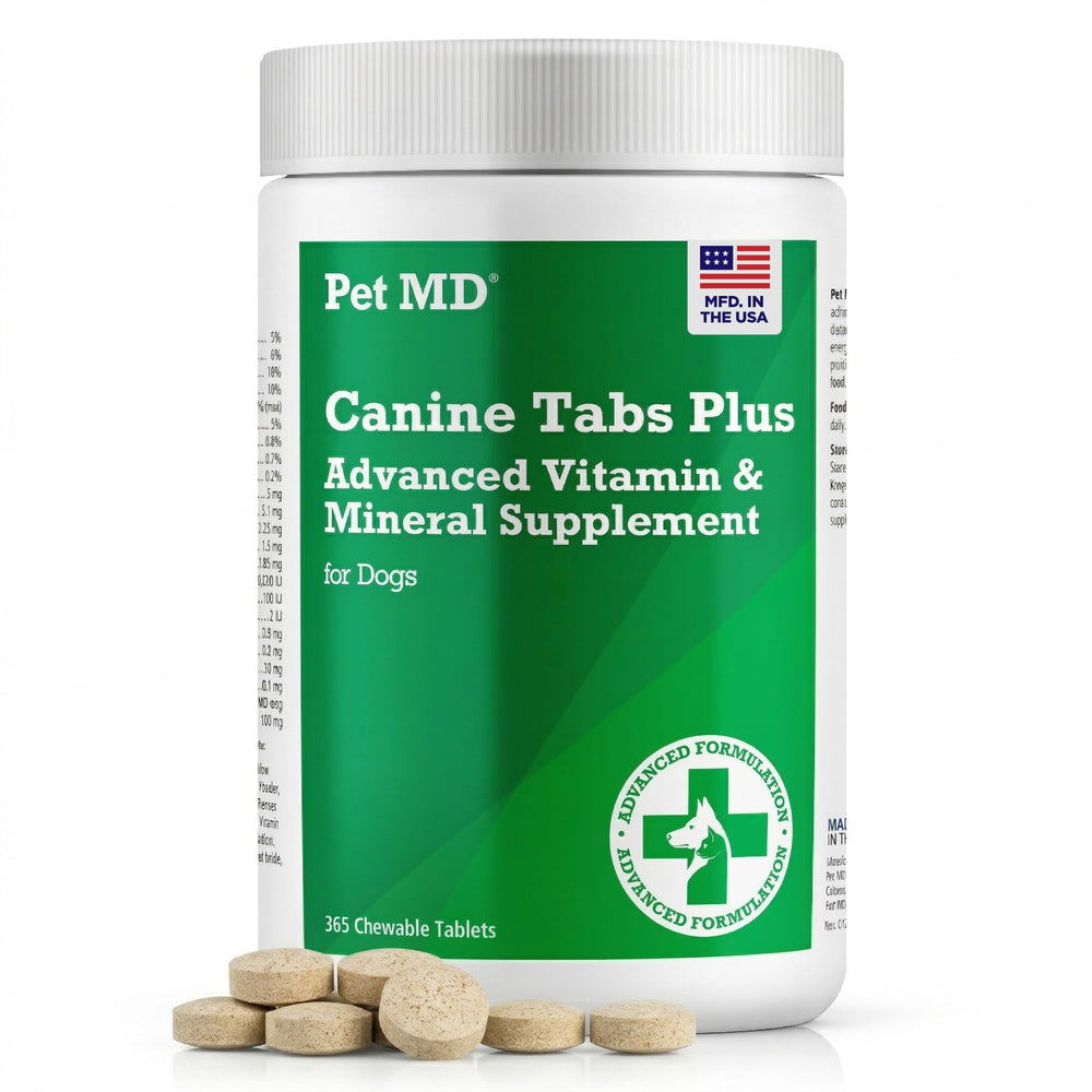 Boîte Pet MD Canine Tabs Plus prête pour la routine quotidienne, comprimés au goût foie.