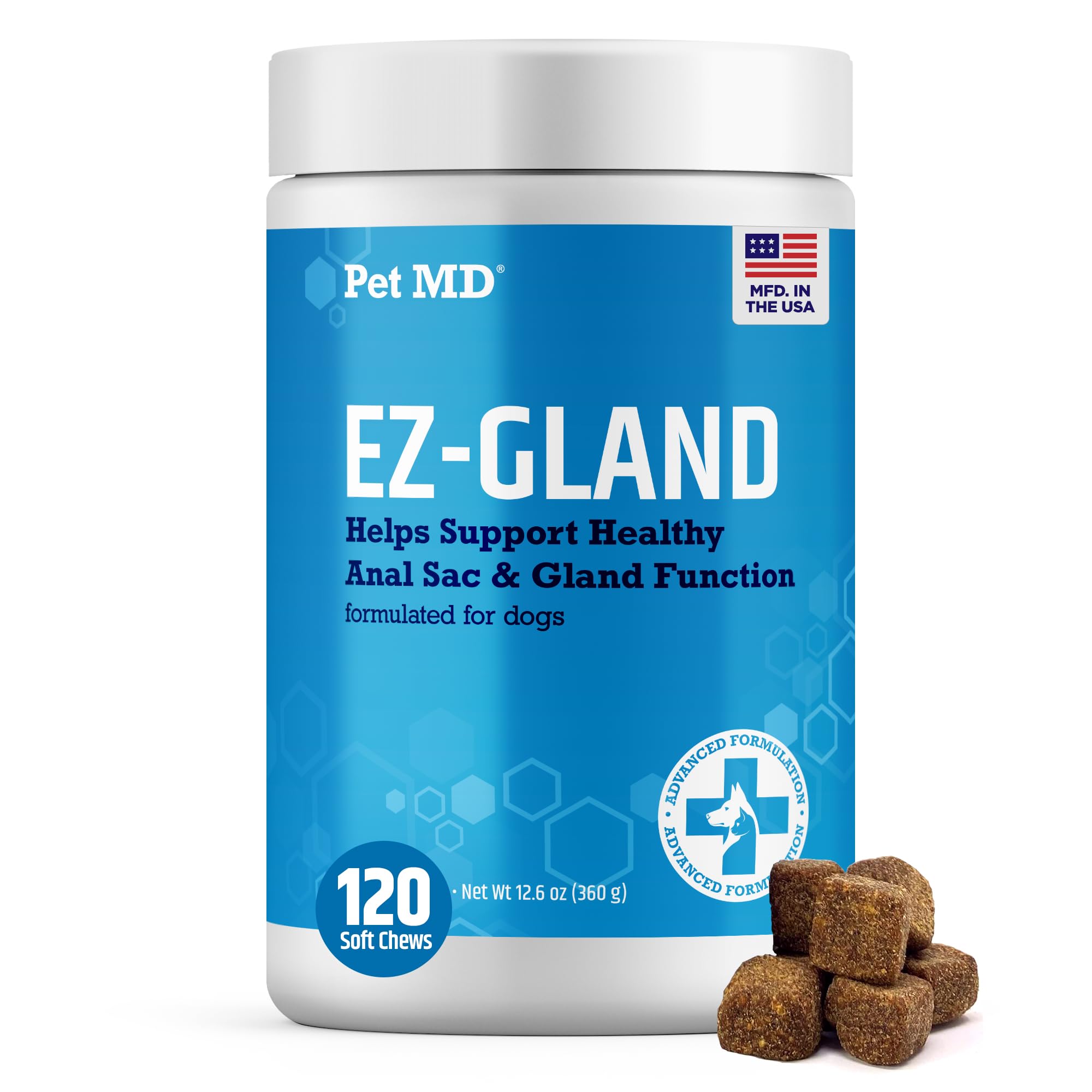 Pet MD EZ Gland, bonbons mou citrouille, soutien digestif pour chien.