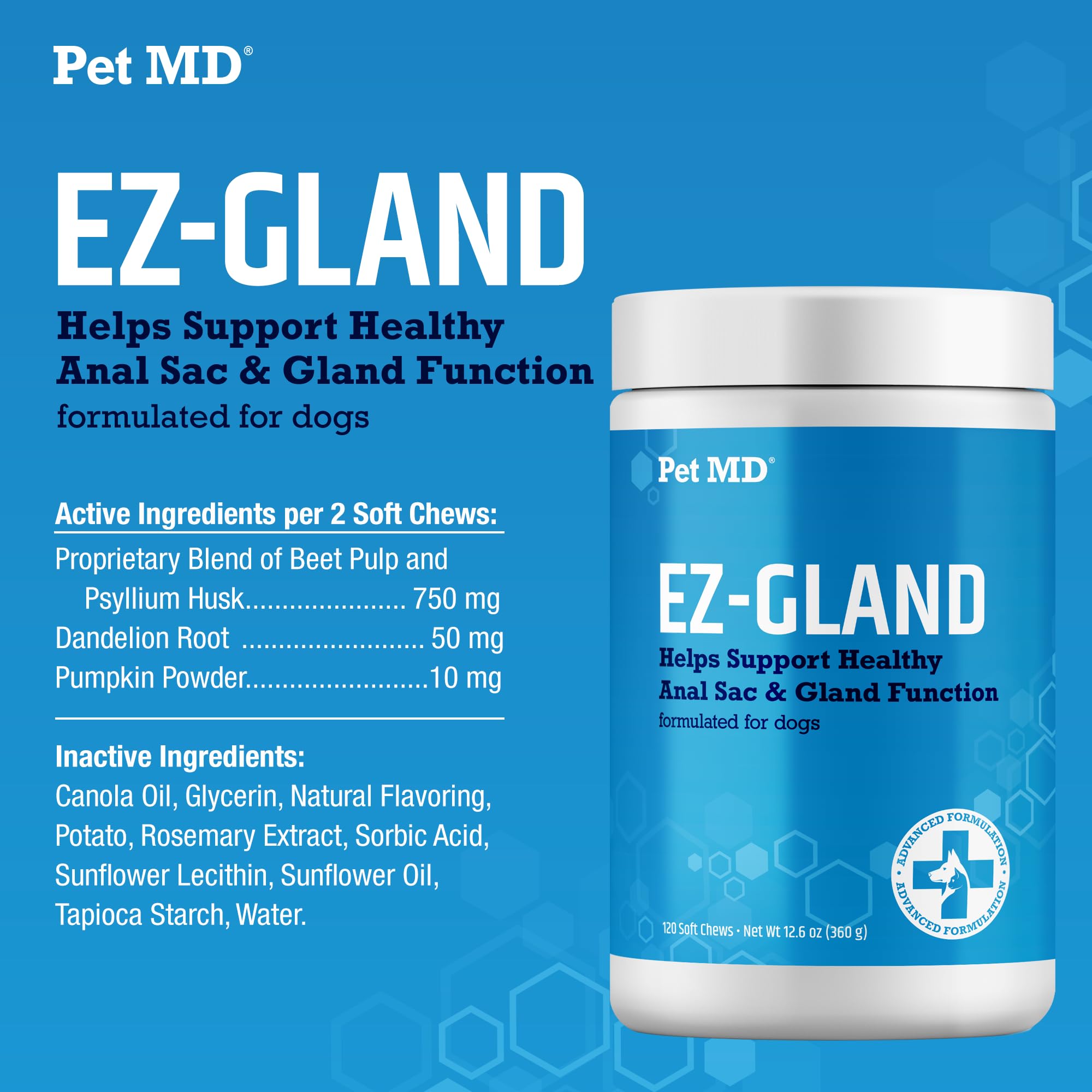 Pet MD EZ Gland, pour constipation du chien, soutien digestif potentiel.