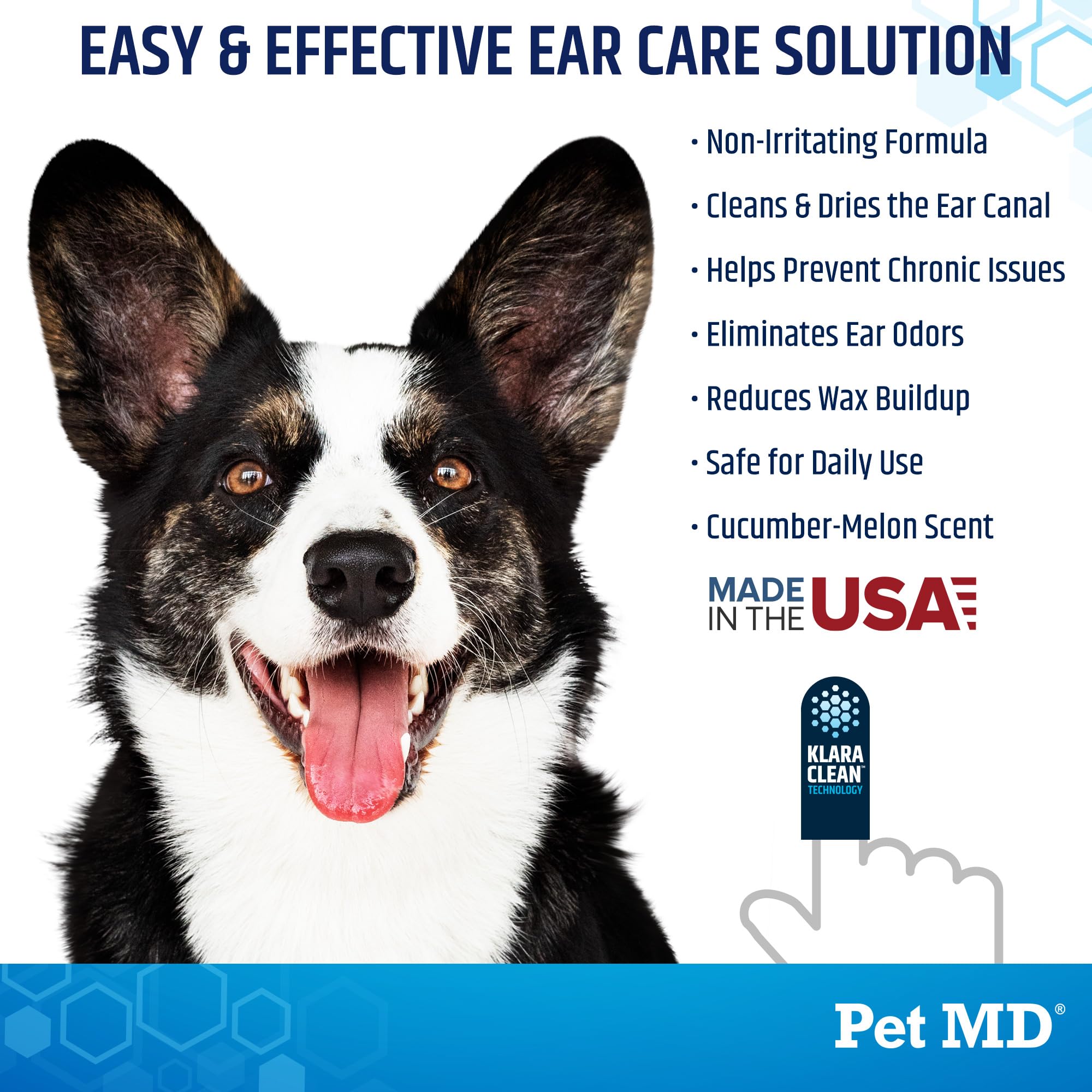 Formulation douce et non irritante Pet MD, soin quotidien des oreilles.