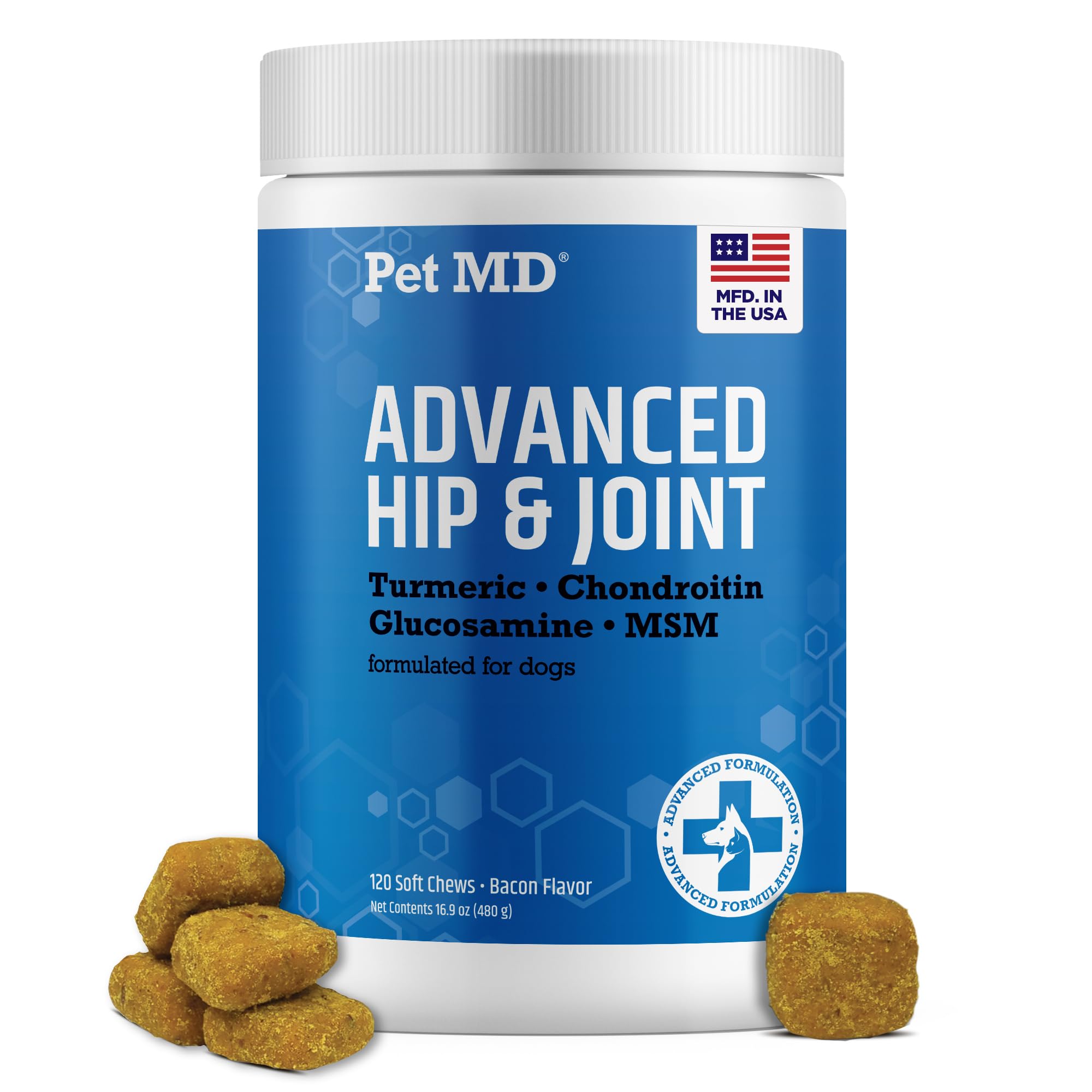 Pet MD Glucosamine pour chiens: bouchées au bacon soutenant les articulations et la mobilité.
