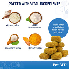 Pet MD Glucosamine pour chiens: goût bacon attractif qui encourage une utilisation régulière.