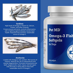 Pet MD huile poisson chien capsules : source riche en oméga 3 pour le pelage brillant.