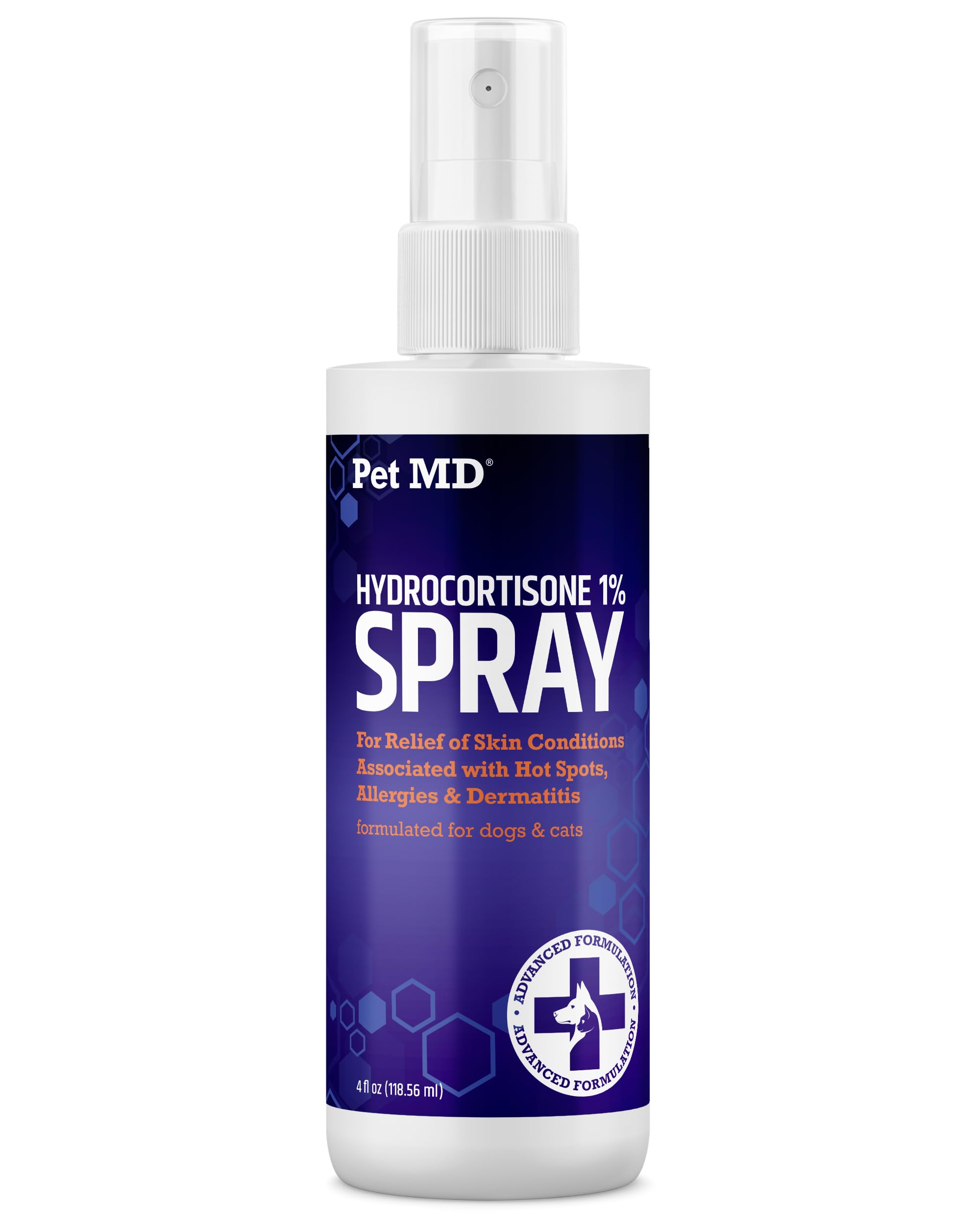 Pet MD Hydrocortisone Spray – bouteille de 4 oz prête à soulager rapidement les irritations.