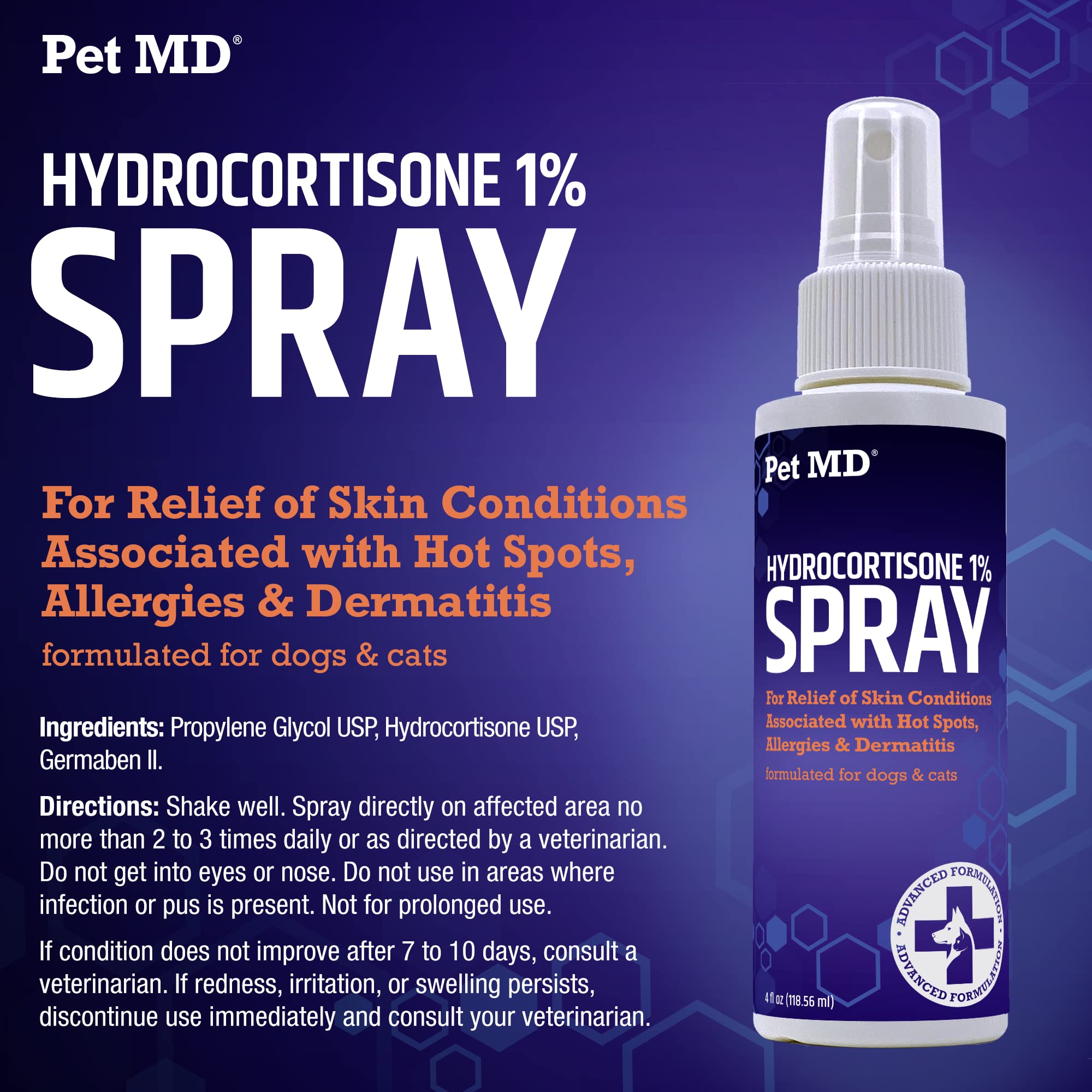 Pet MD Hydrocortisone Spray – soulagement ciblé des démangeaisons et rougeurs.