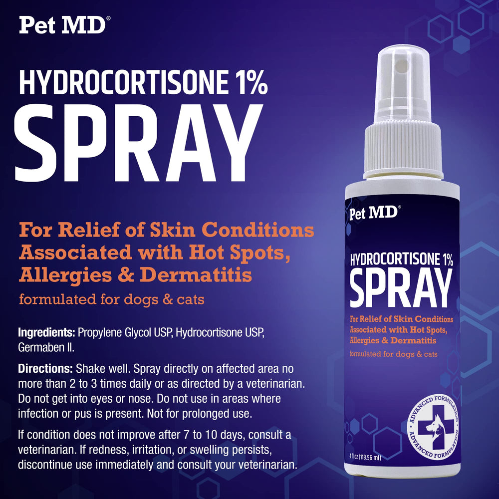 Pet MD Hydrocortisone Spray – soulagement ciblé des démangeaisons et rougeurs.