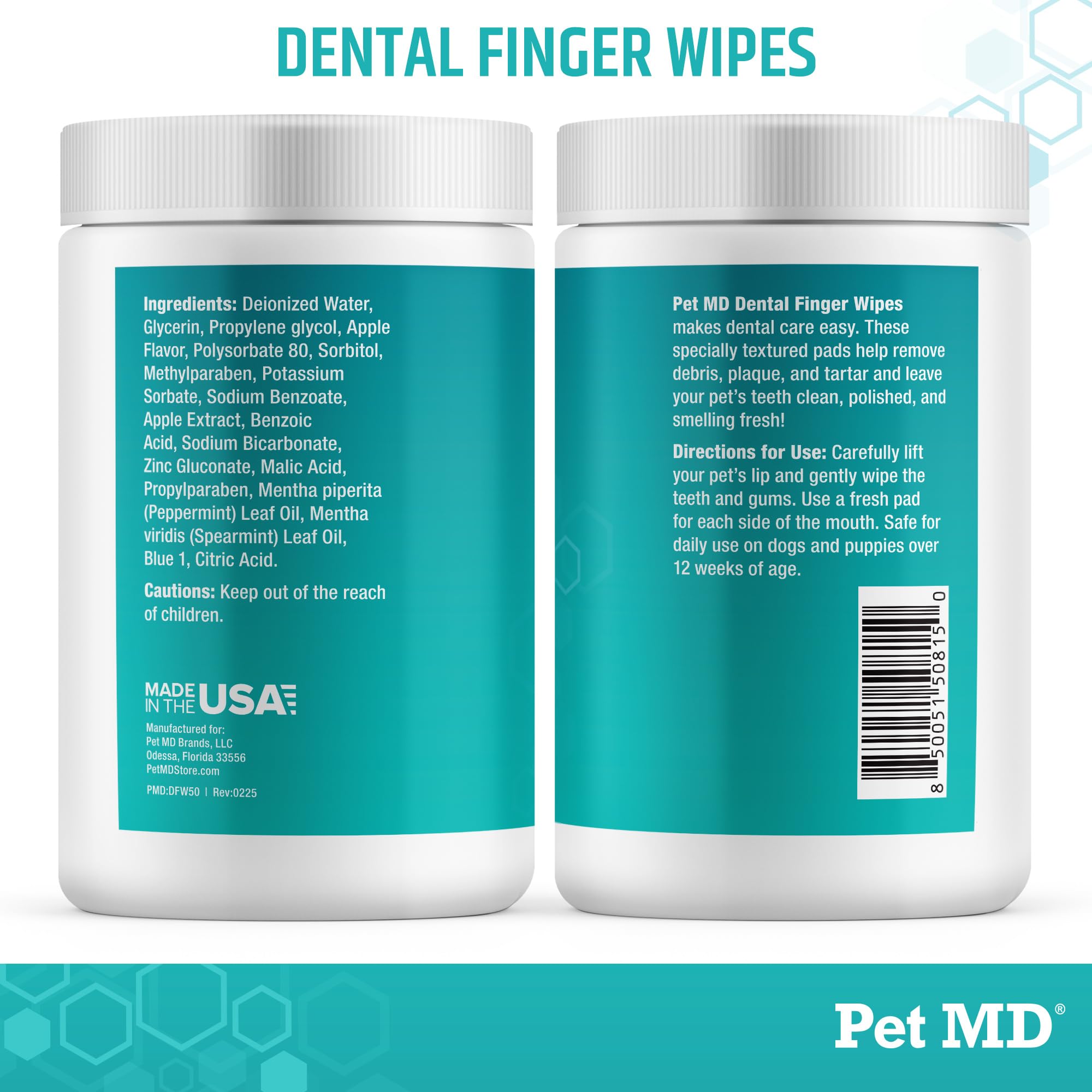 Lingettes dentaires Pet MD fabriquées aux États-Unis, routine dentaire fiable.