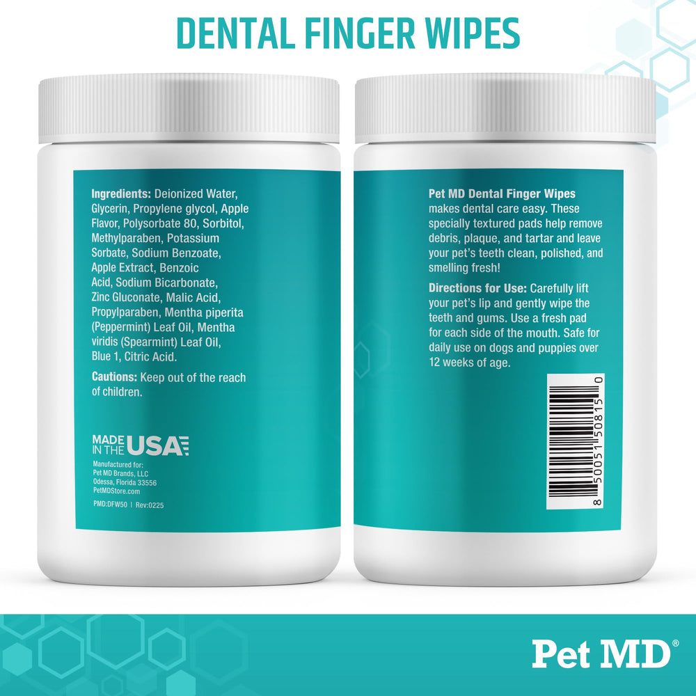 Lingettes dentaires Pet MD fabriquées aux États-Unis, routine dentaire fiable.