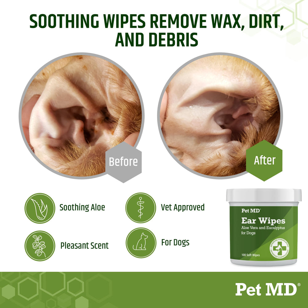 Lingettes Pet MD pour oreilles de chien – aloe et eucalyptus pour l’aromathérapie légère et apaisante.
