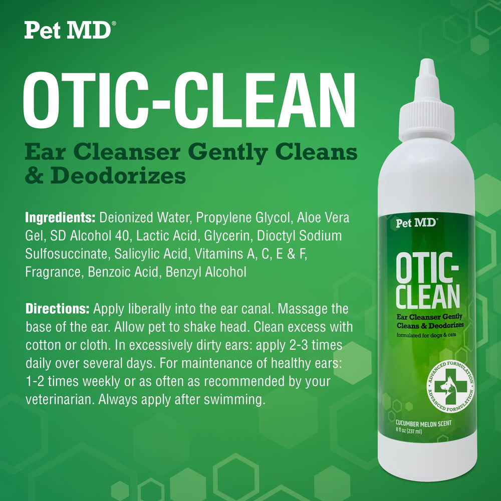 Étiquette et emballage Pet MD Otic Clean fabriqué aux États-Unis.