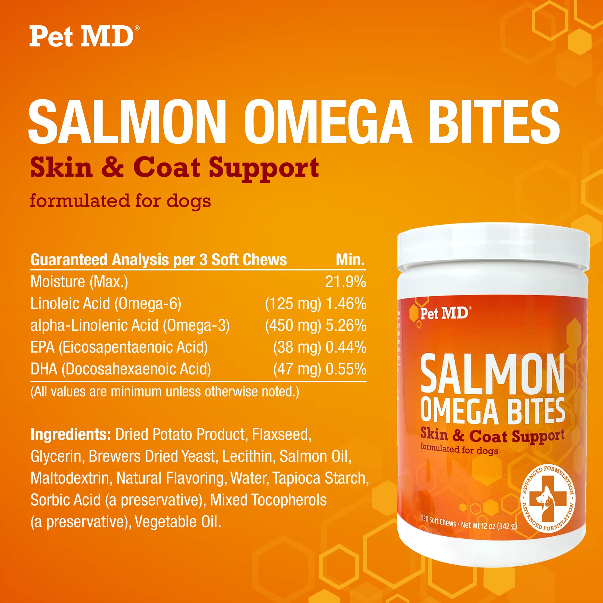Pet MD Salmon Omega Bites usage quotidien pratique pour chien.