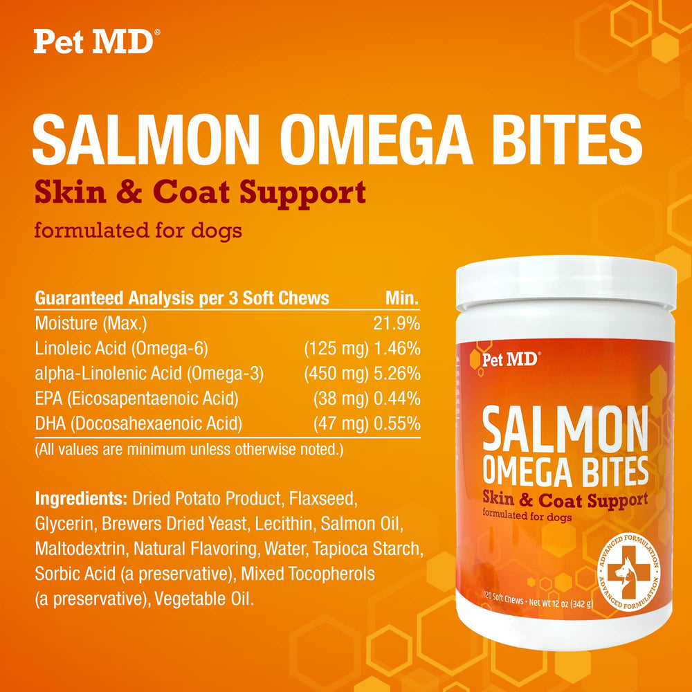Pet MD Salmon Omega Bites usage quotidien pratique pour chien.