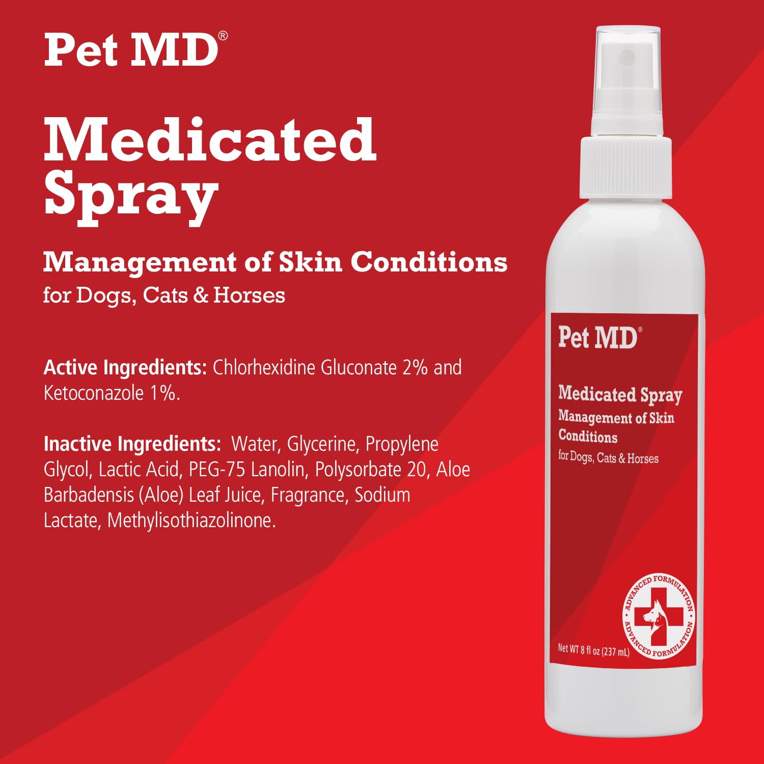 Pet MD spray topique – étiquette claire indiquant l’usage et les ingrédients.