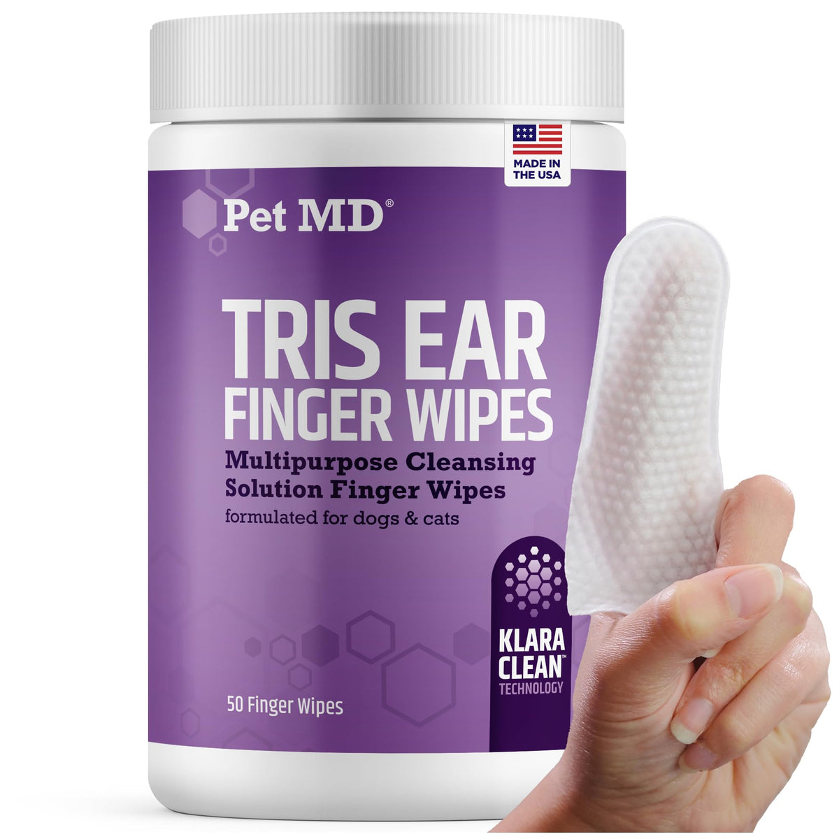 Pet MD Tris Ear Wipes pour doigt, nettoyage précis des oreilles.