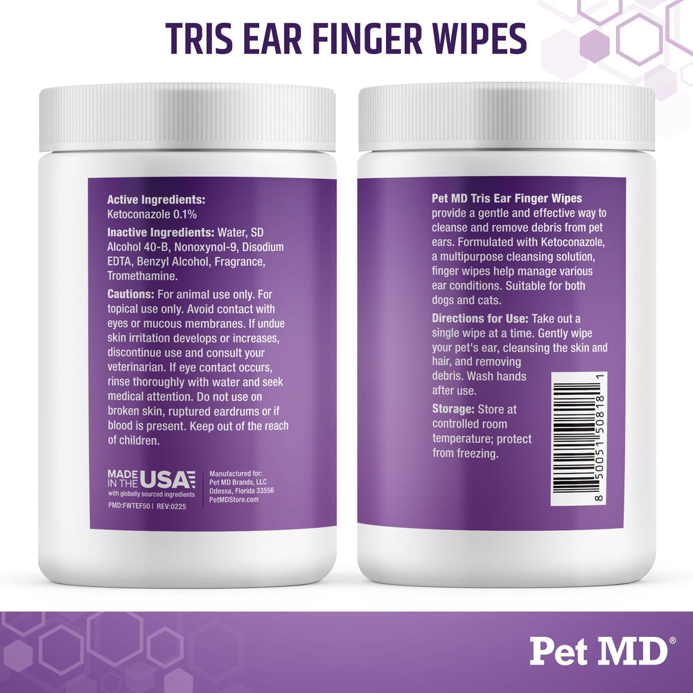 Pet MD Tris Ear Wipes, fabriqué aux États-Unis, qualité et soin lors du nettoyage.