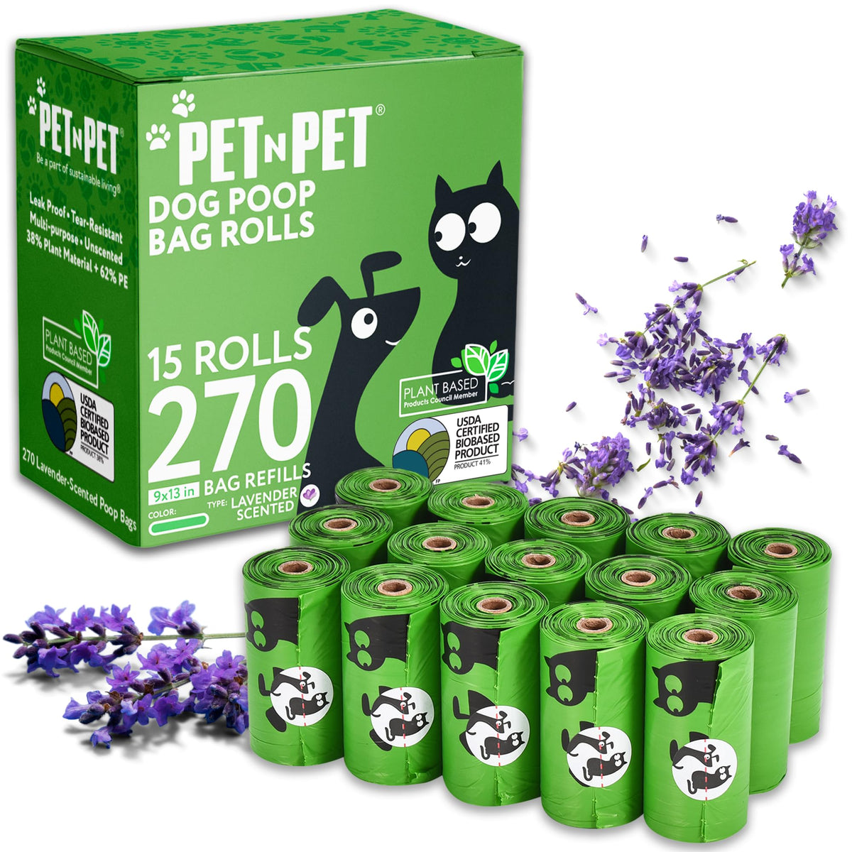 Rouleau Pet N Pet de sacs déjections chiens lavande, pratique en promenade.