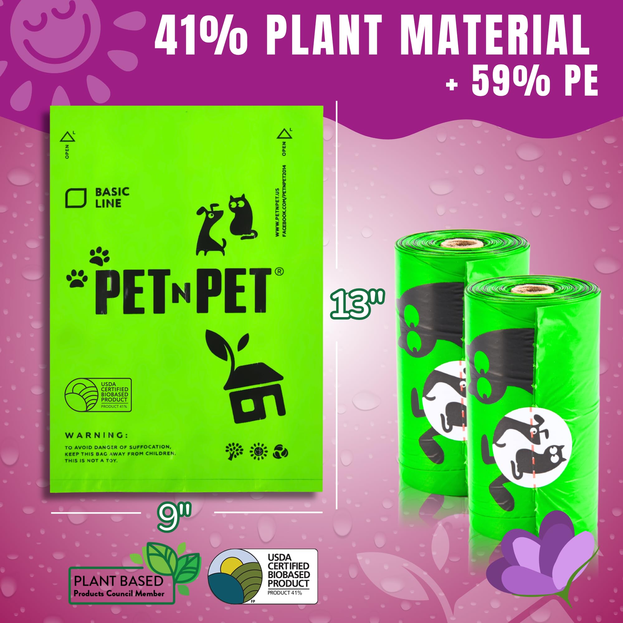 Sacs Pet N Pet 38pourcent plantés, option plus verte pour balades.