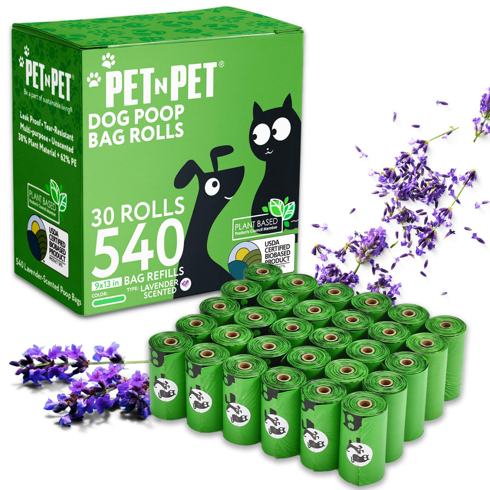 Sacs Pet N Pet lavande sur rouleau, pour promenades sans odeur.