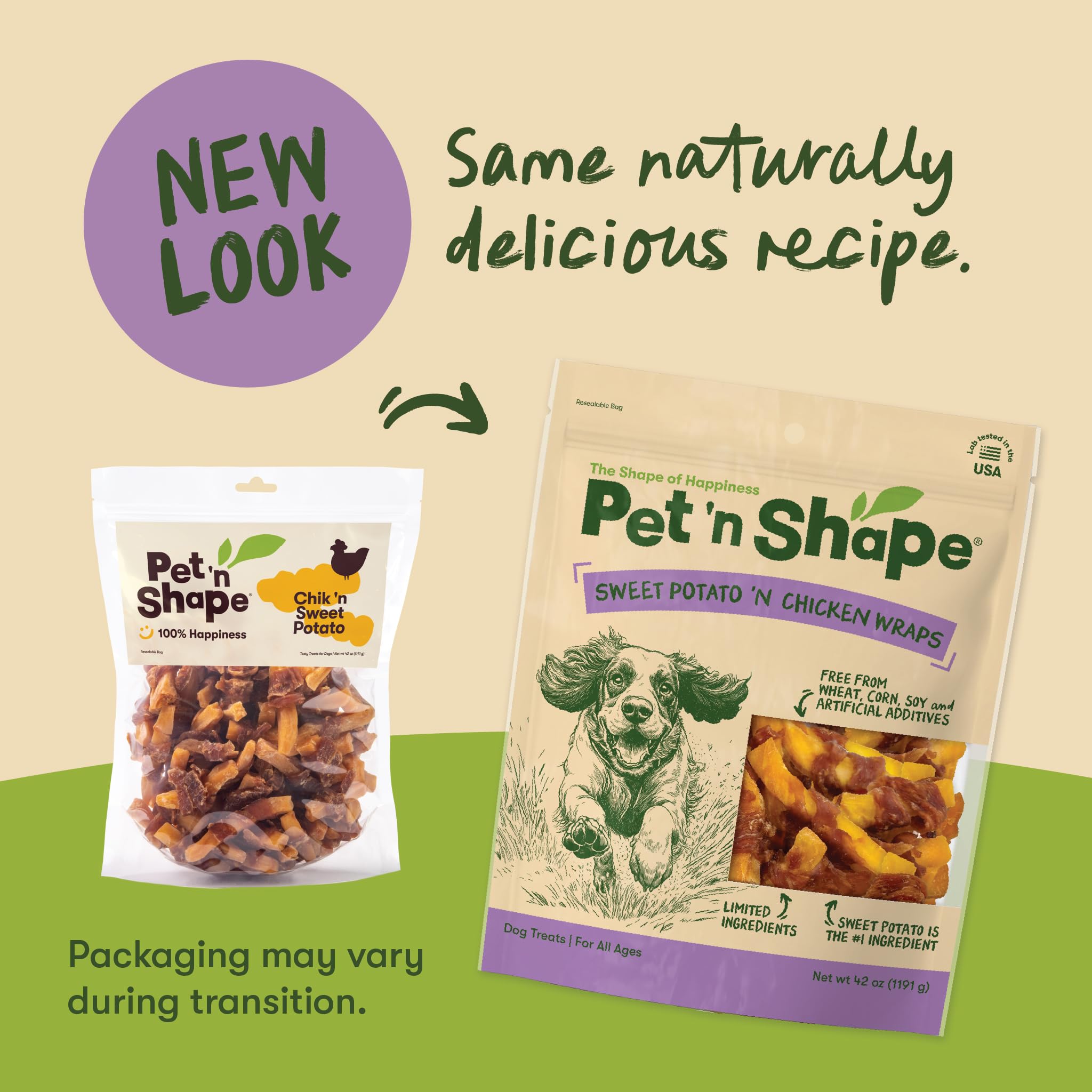 Composants naturels Pet 'n Shape: poulet et patate douce pour une récompense savoureuse.