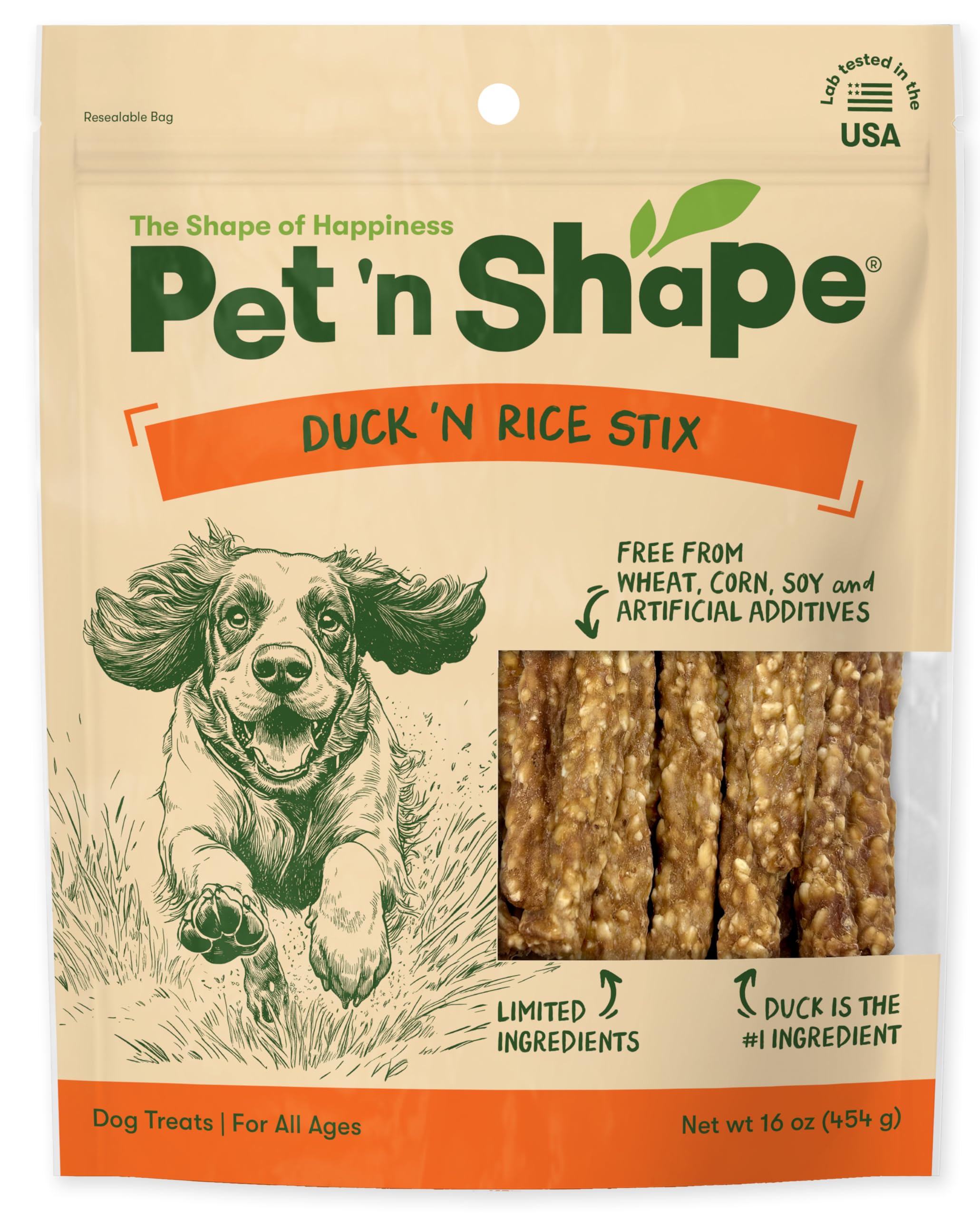 Pet 'n Shape Bâtonnets Canard et Riz, emballage refermable pour préserver la fraîcheur.