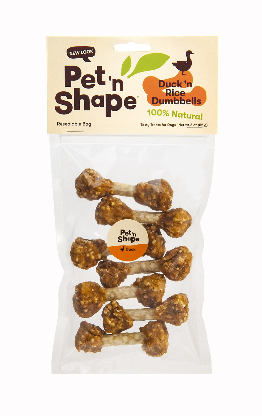 Pet 'n Shape: friandise canard et riz, emballage refermable pour une fraîcheur durable.