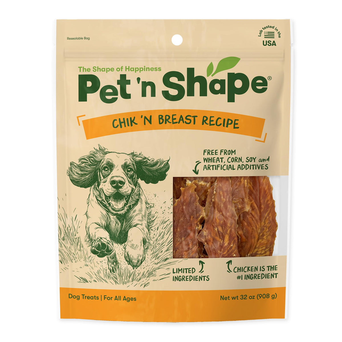 Friandise Pet 'n Shape Chik 'n Breast Jerky, emballage refermable préserve la fraîcheur.