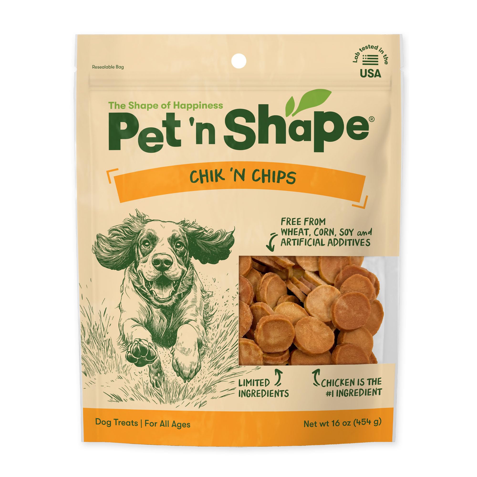 Friandises Pet 'n Shape Chik 'n Chips dans un emballage réutilisable pour préserver la fraîcheur.