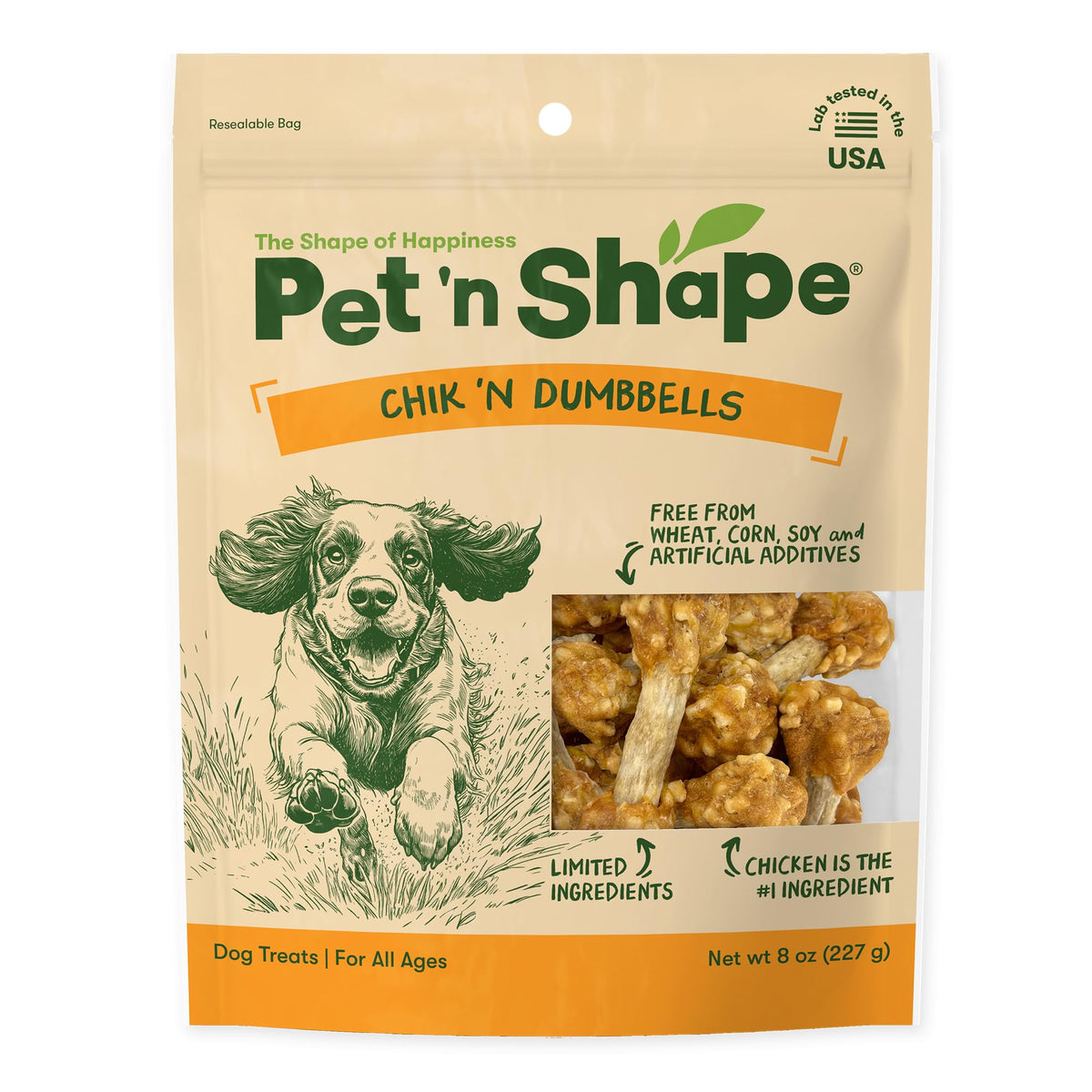 Pet 'n Shape Chik 'n Rice Dumbbells – boule savoureuse prête à être offerte.