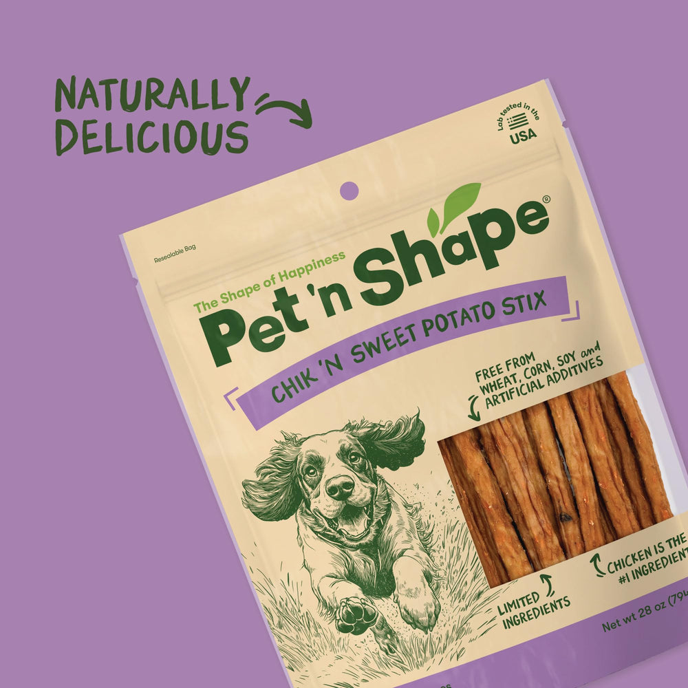 Pet 'n Shape Chik ’n Sweet Potato Stix parfait chiots et chiens adultes.