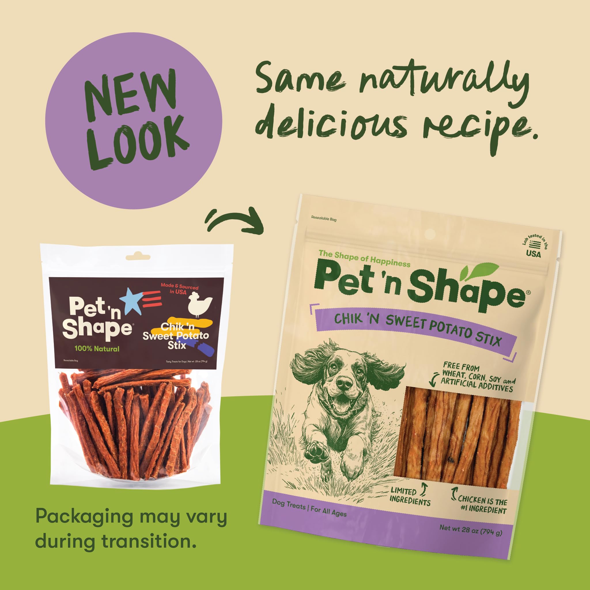 Pet 'n Shape Chik ’n Sweet Potato Stix sans-grains pour chiens sensibles.
