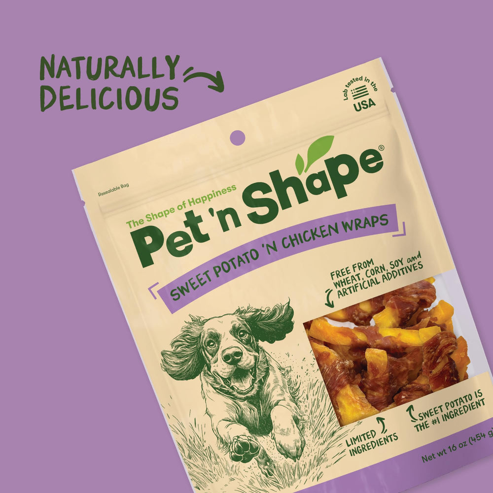 Pet 'n Shape: ingrédients poulet patate douce naturels, snack sain pour les chiens actifs.