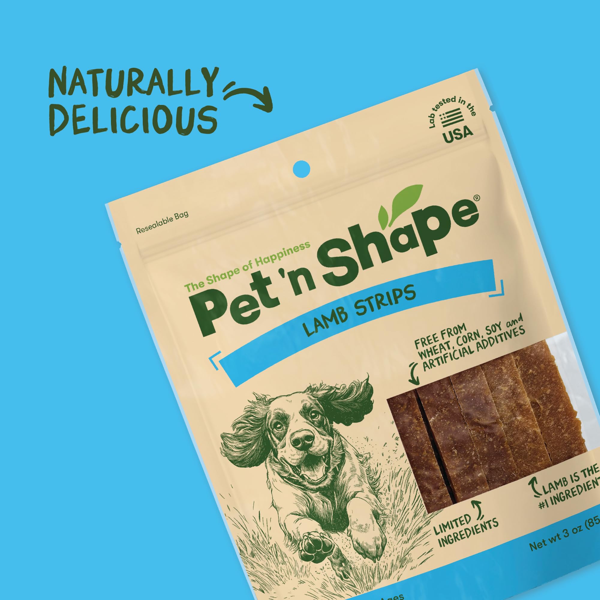 Friandise Pet 'n Shape jerky d'agneau sans colorants artificiels, friandise naturelle.