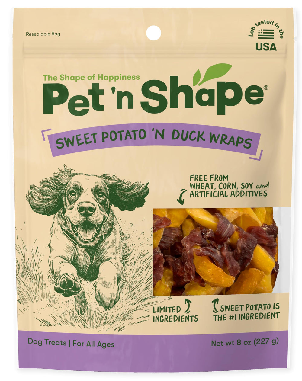 Pet 'n Shape patate douce jerky – emballage ouvert pour inspection facile.