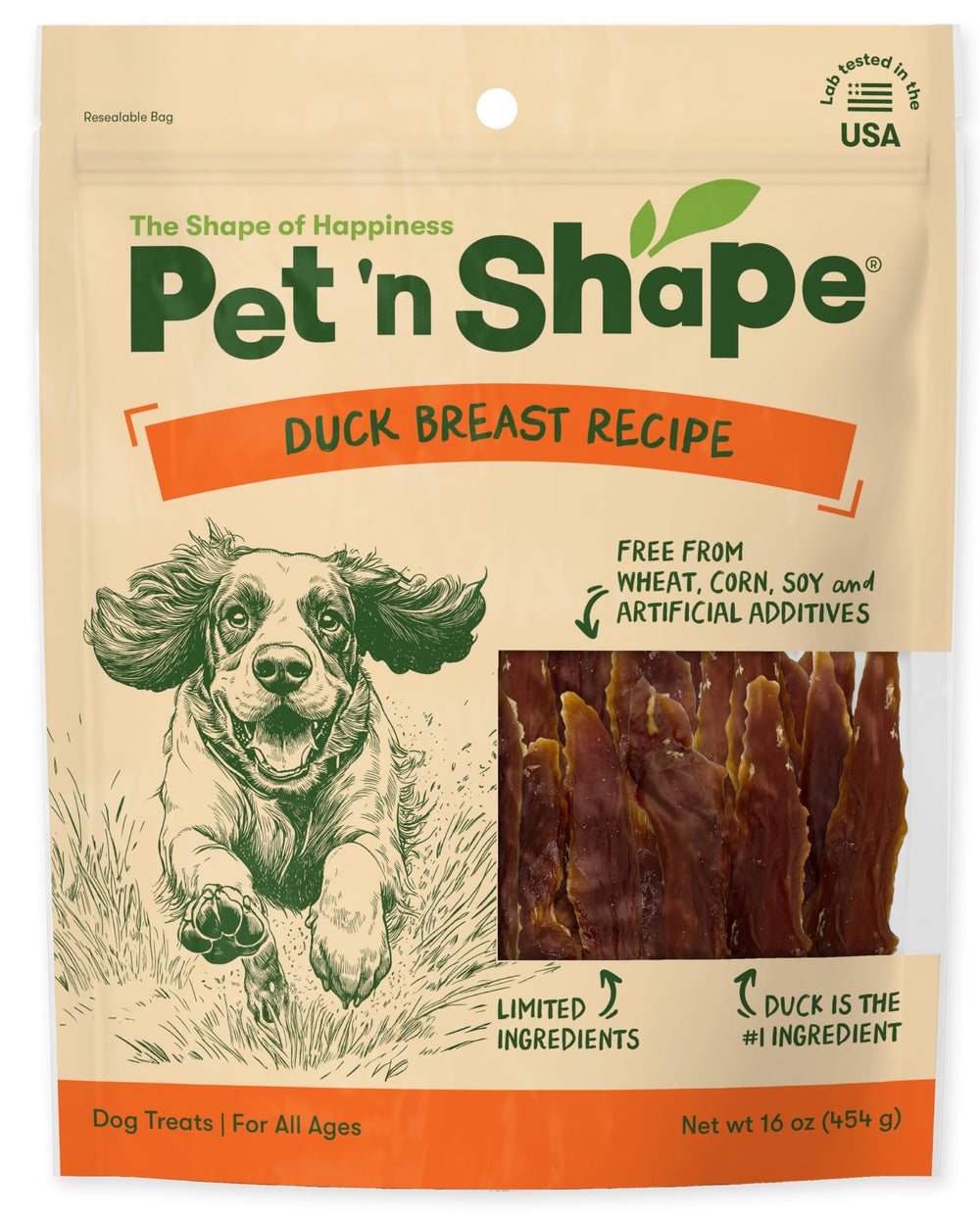 Friandise Pet 'n Shape poitrine de canard en jerky pour chien, saveur naturelle et idéal pour récompenses.