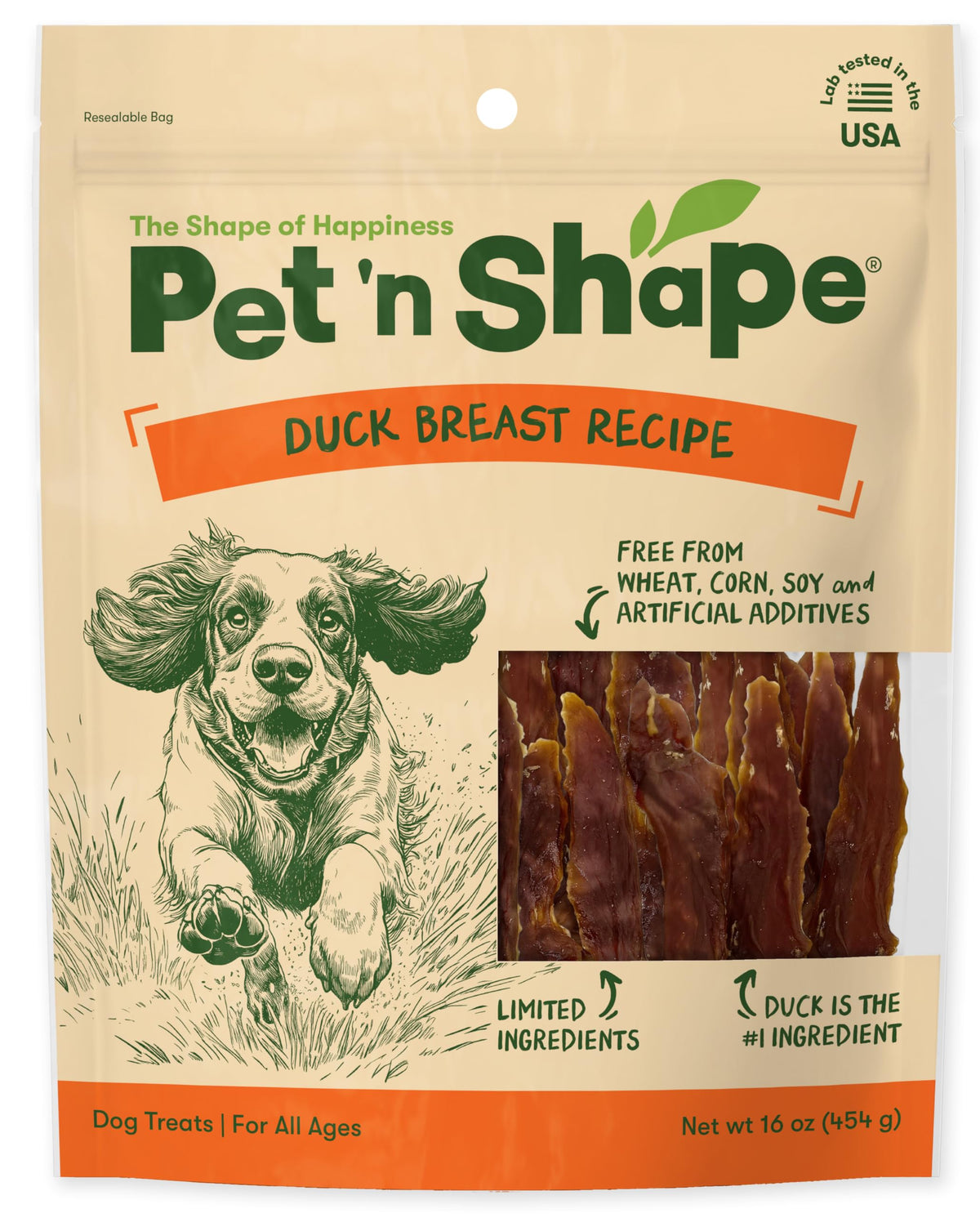 Friandise Pet 'n Shape poitrine de canard en jerky pour chien, saveur naturelle et idéal pour récompenses.